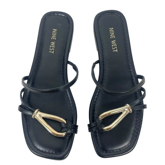 Nine West Tigra Square Toe Strappy Slide Flat Sandal Black Gold Size 7M - Picture 3 of 10